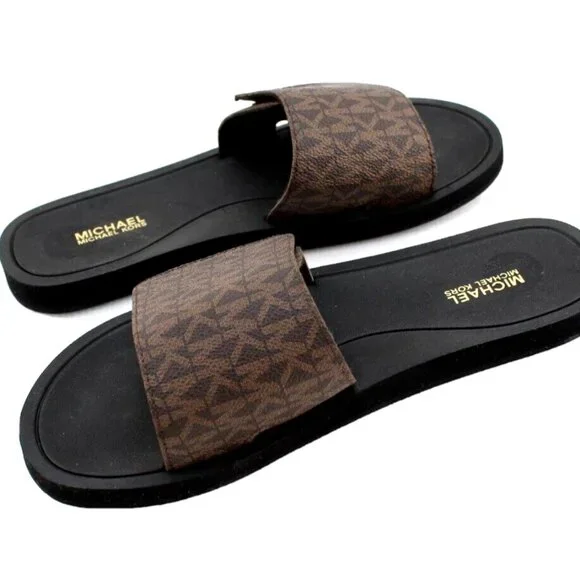 Michael Kors Wade Adjustable Slide Sandal Brown Logo Canvas NEW Sz 8 - Picture 4 of 8